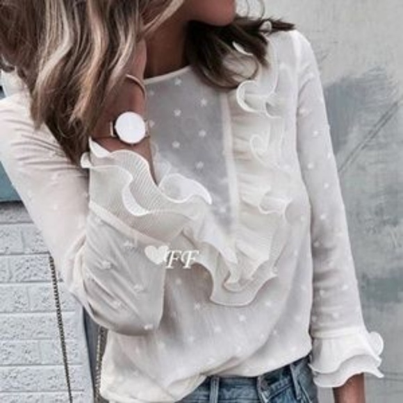 Tops - 1 LEFT! Beautiful Chiffon Polka Dot Ruffled Blouse
